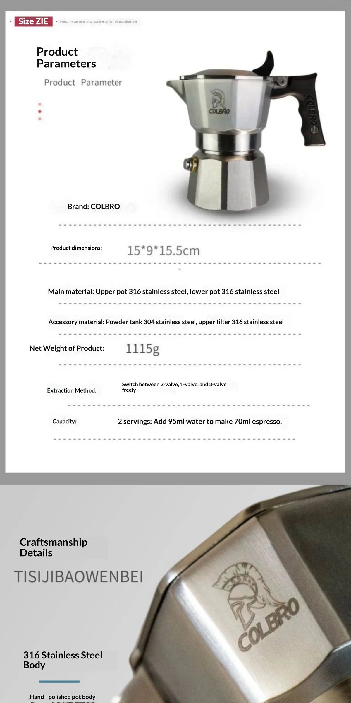 Colbro Moka Pot Stainless Steel Double Valve Triple