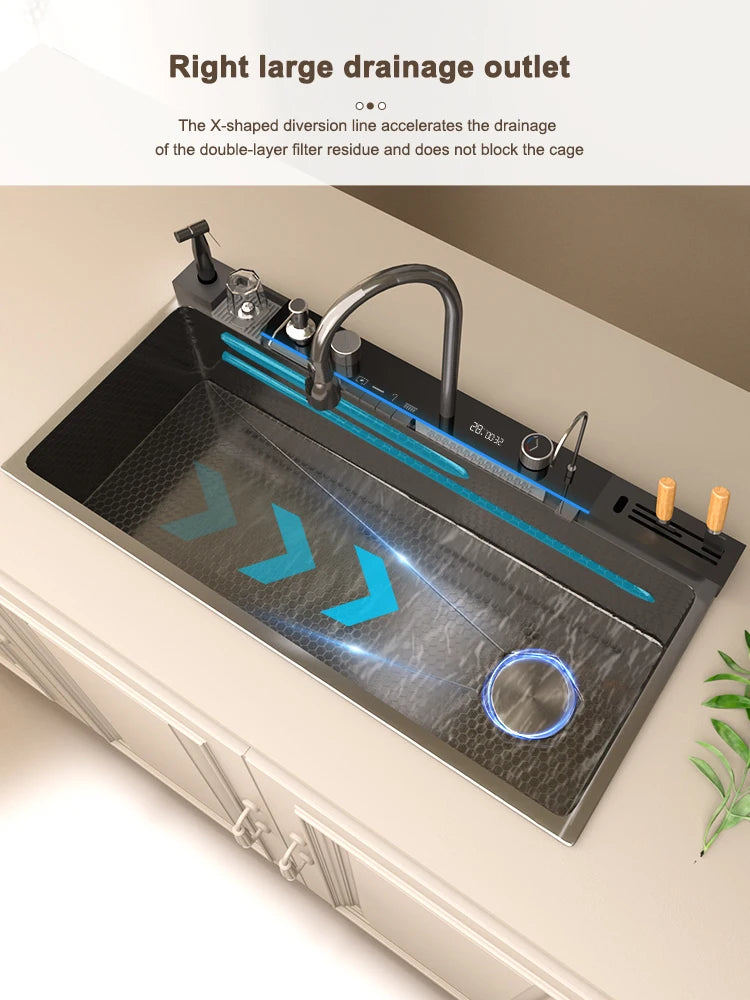 Waterfall Stainless Steel Sink Digital Display Faucet Wash