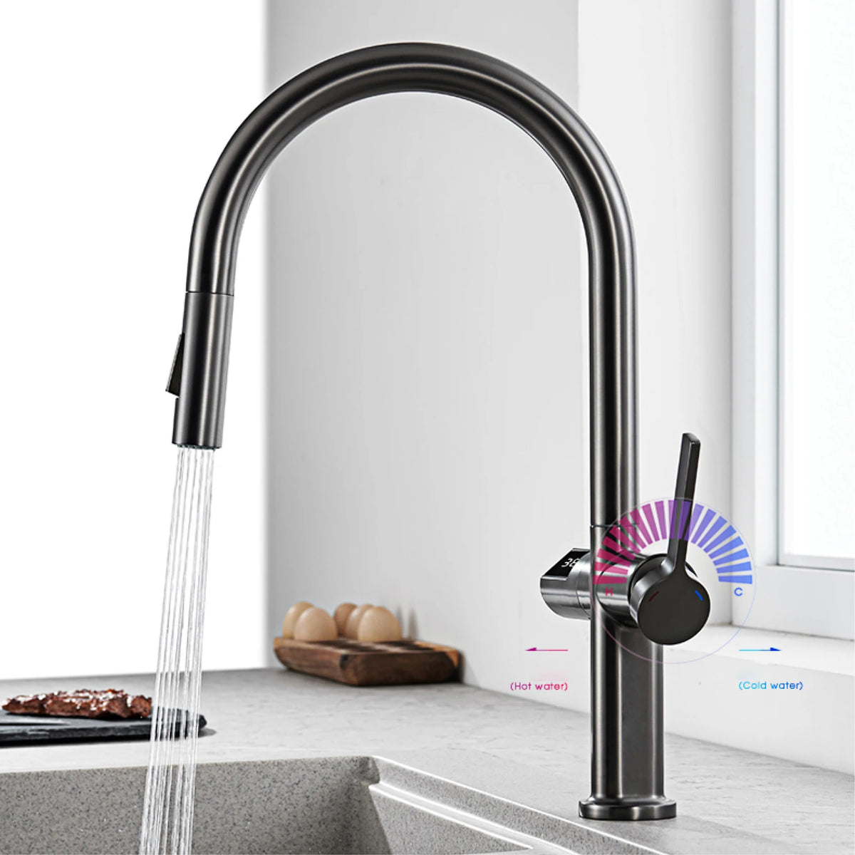 Luxury Brass Gun Gray Faucet Led Digital Sensing