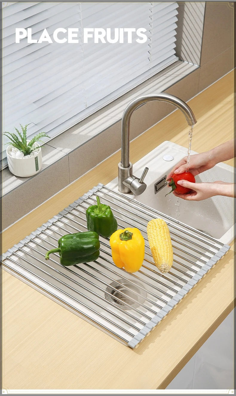 Roll Up Sink Drain Rack Stainless Steel Foldable