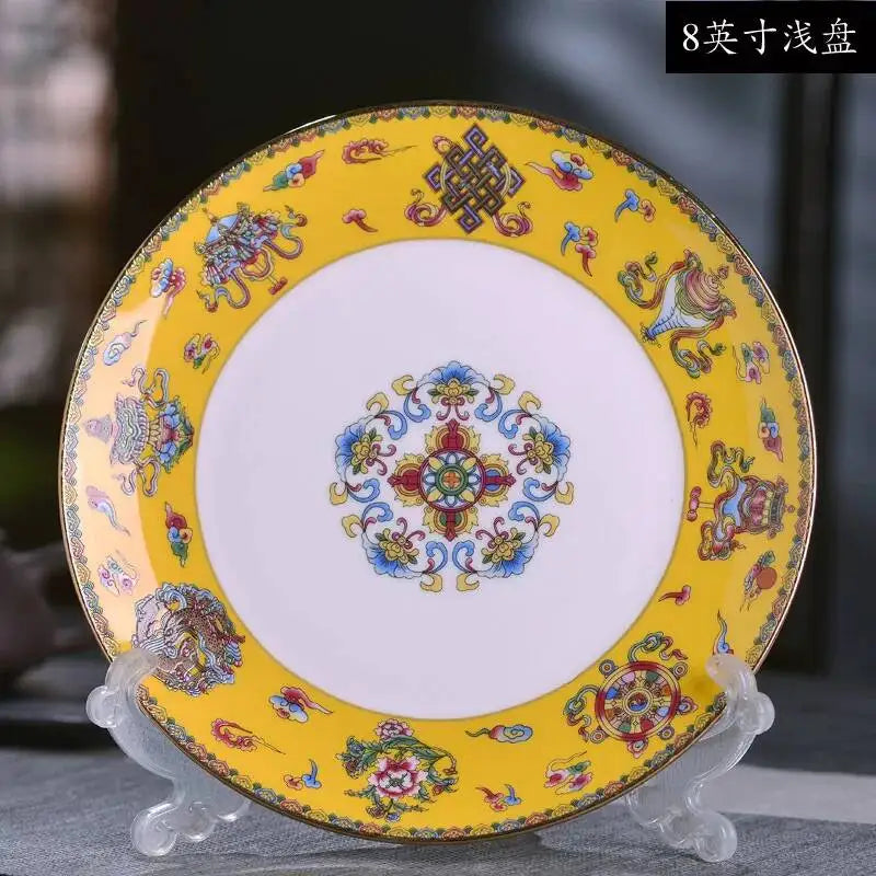 Gold Border Enamel Deep Plate Chinese Bone China