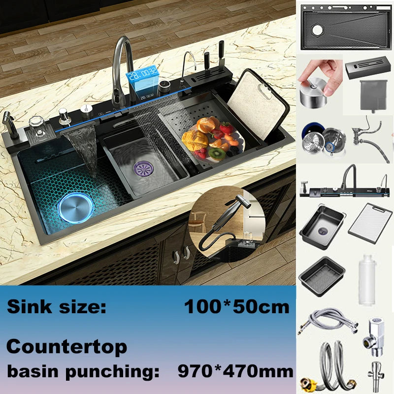 Stainless Steel Sink Waterfall Digital Display Faucet Large