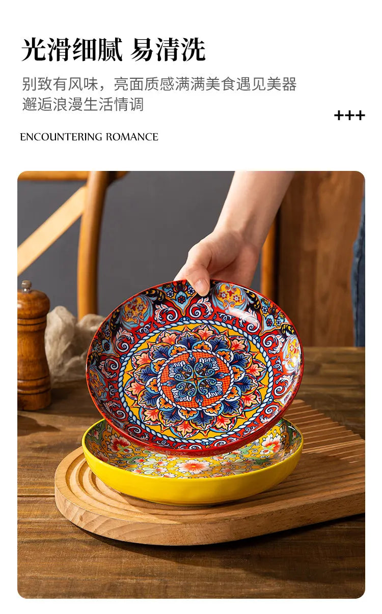 Bohemian Deep Ceramic Plate Dinnerware High-Quality Appearance