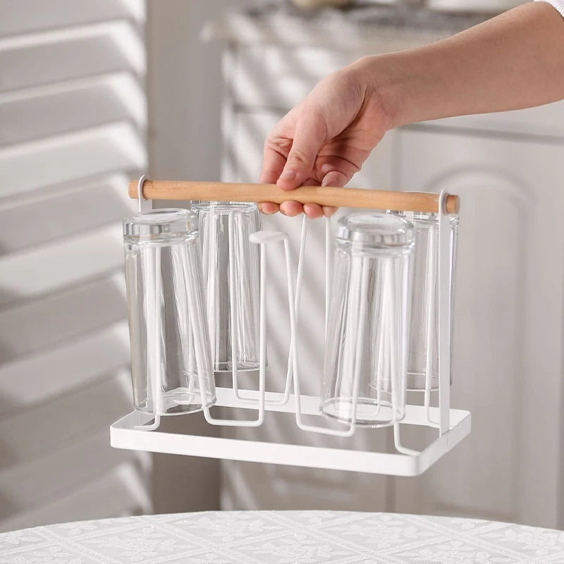 6-Cup Glass Cup Drying Rack Wooden Handle Countertop
