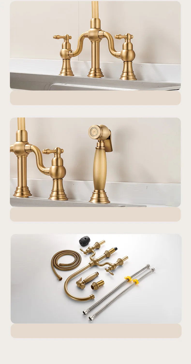 Vintage Bridge Antique Faucet Basin Solid Brass Double-Handle