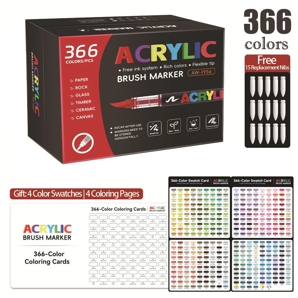 12-366 Colors Acrylic Marker Permanent Markers Brush Tip