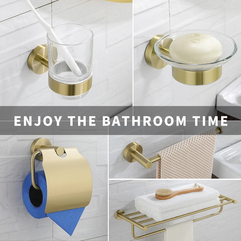 Brushed Gold Bathroom Towel Rack Toilet Brush Roll