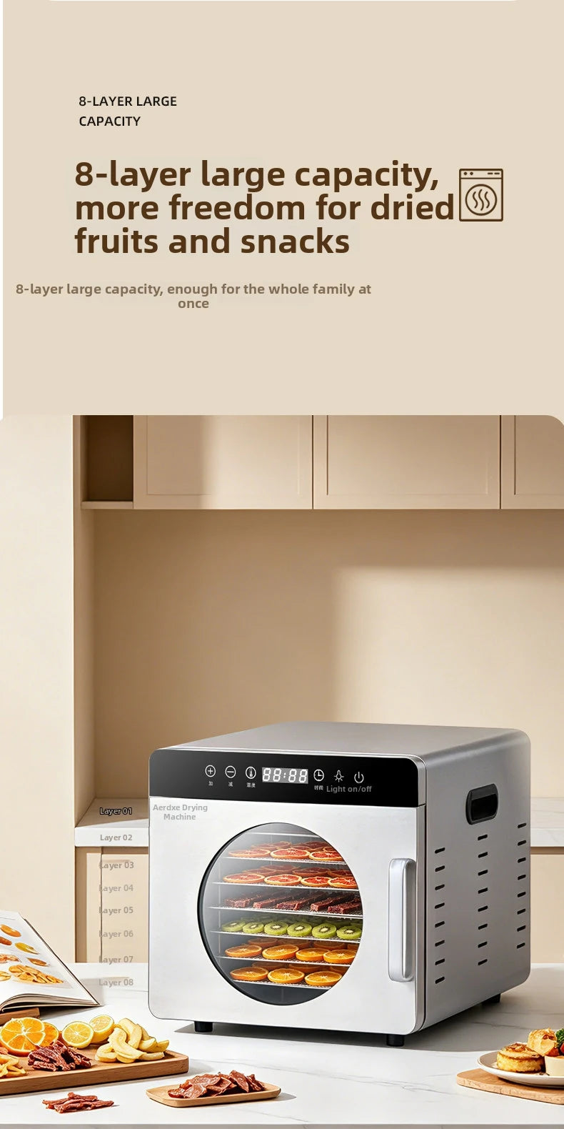 8-Layer Commercial Food Dehydrator Stainless Steel Electric Dryer