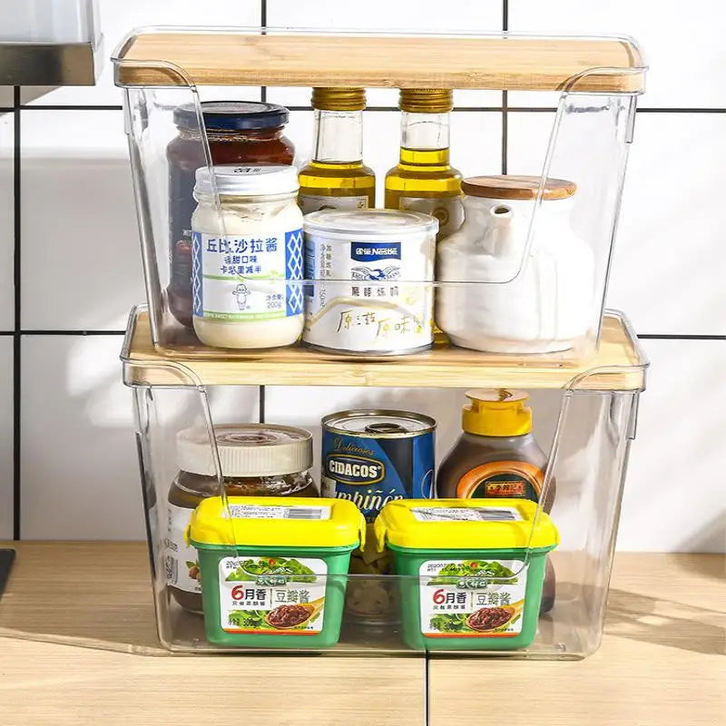 Stackable Pantry Organizers Wooden Lids Storage Clear Bins