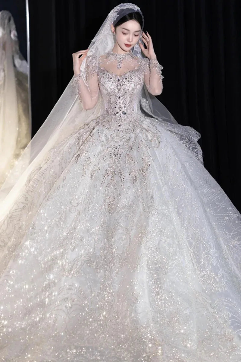 Full Sleeve Wedding Dresses Shinny Wedding Dress Classic