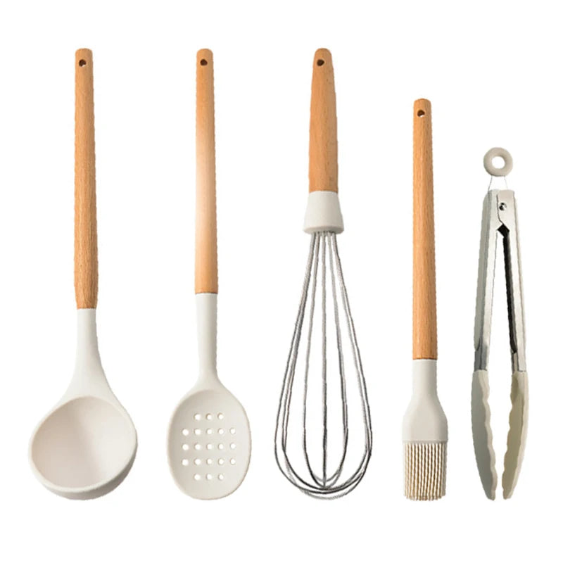 White Silicone Wooden Handle Soup Spoon Spatula Brush