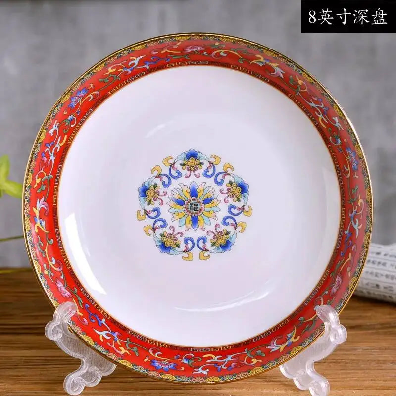 Gold Border Enamel Deep Plate Chinese Bone China