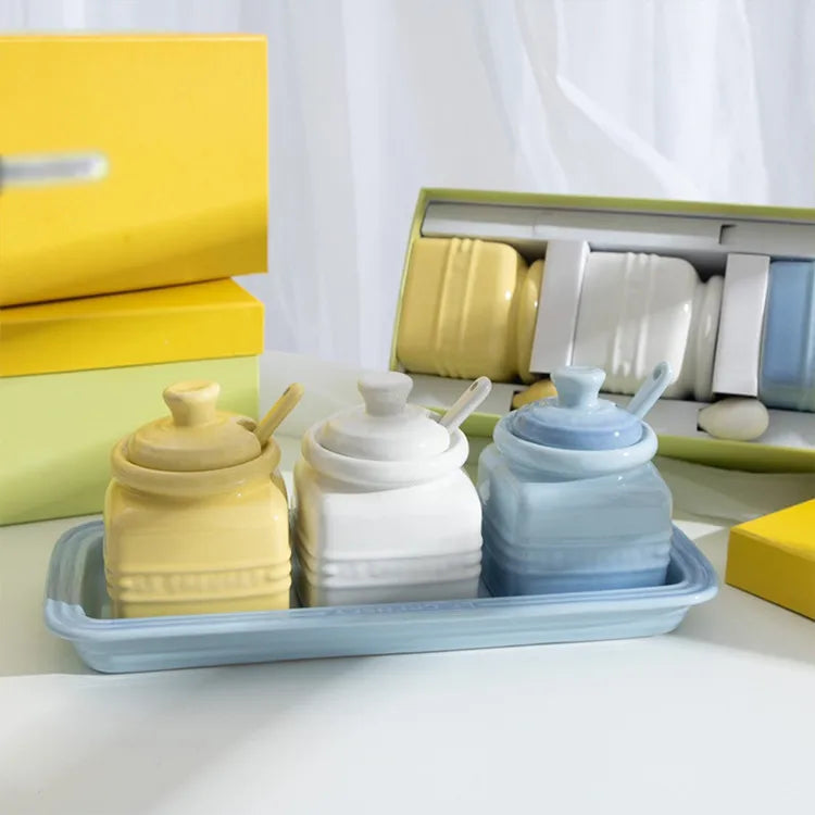 3pcs Ceramic Spice Container Storing Salt Sugar Pepper