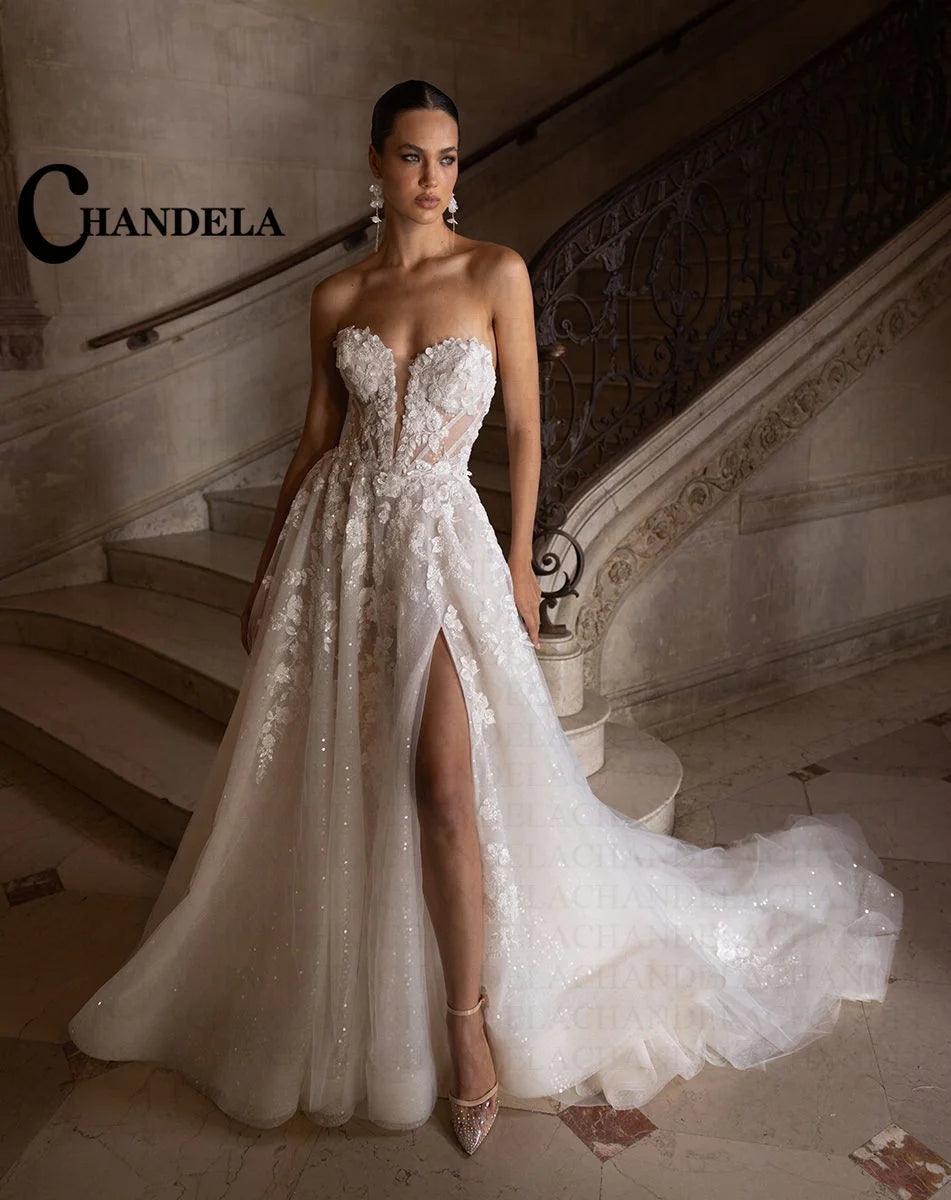 Chandela Bling Neck Wedding Dresses Woman Bride Detachable