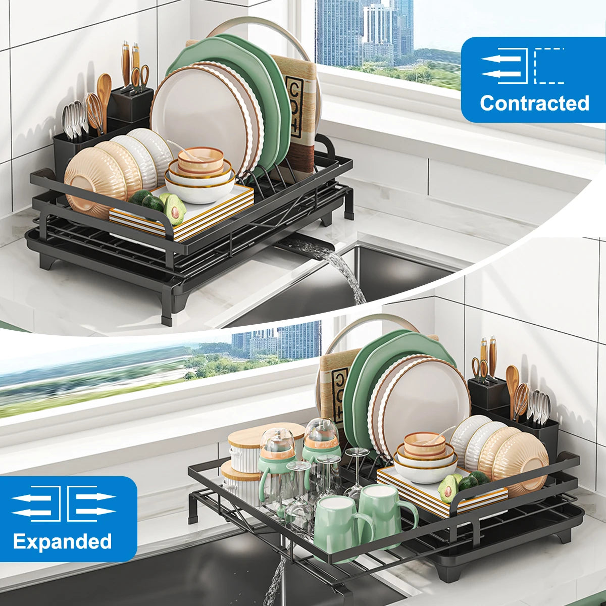 Dish Drainer Rack Expandable Dish Drying Rack Cutlery