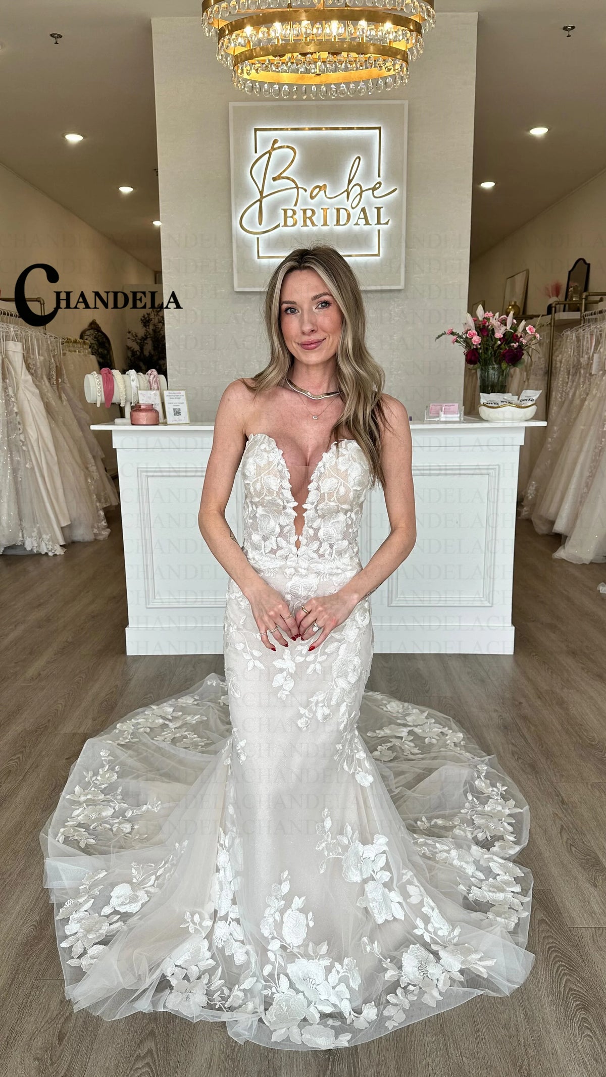 Chandela Fairytale V-Neckline Wedding Dress Bridal Lace Appliques