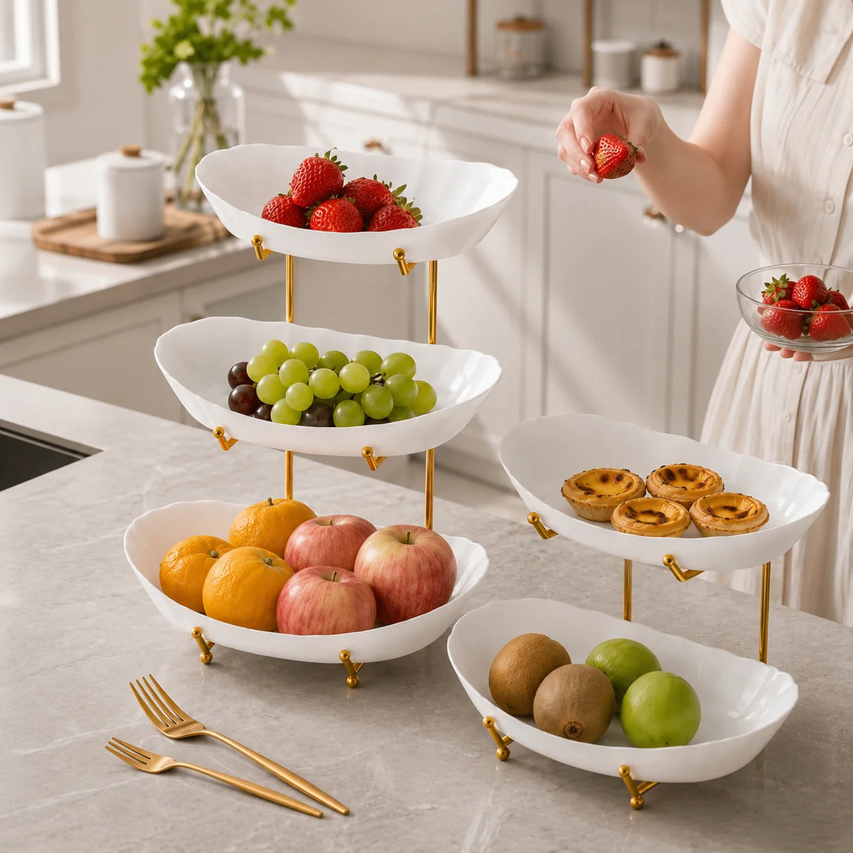 2/3-Tier Plastic Fruit Bowl Stand Metal Frame Large