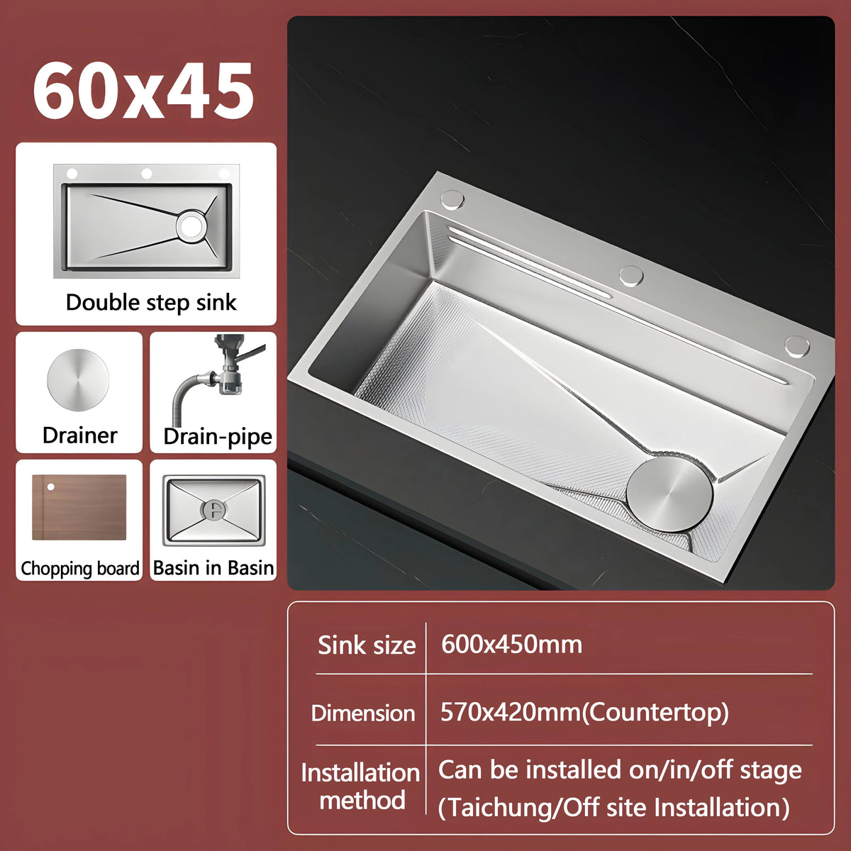 Silver Nano Embossed 304 Stainless Steel Sink Large