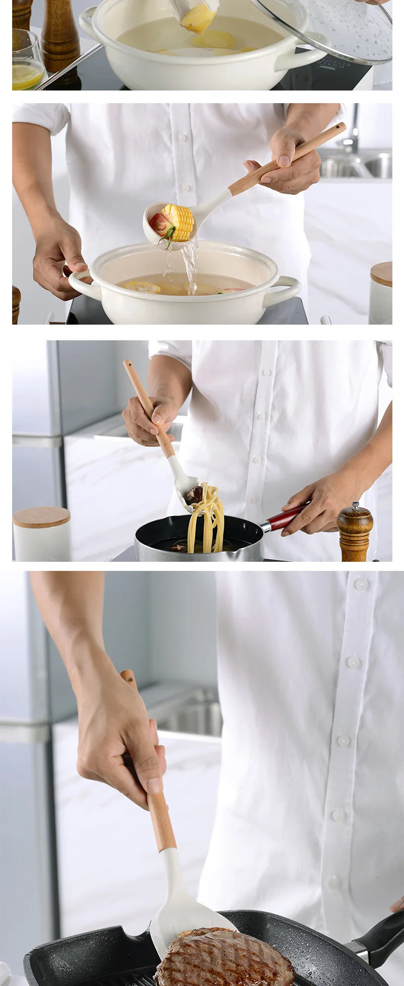 White Silicone Wooden Handle Soup Spoon Spatula Brush