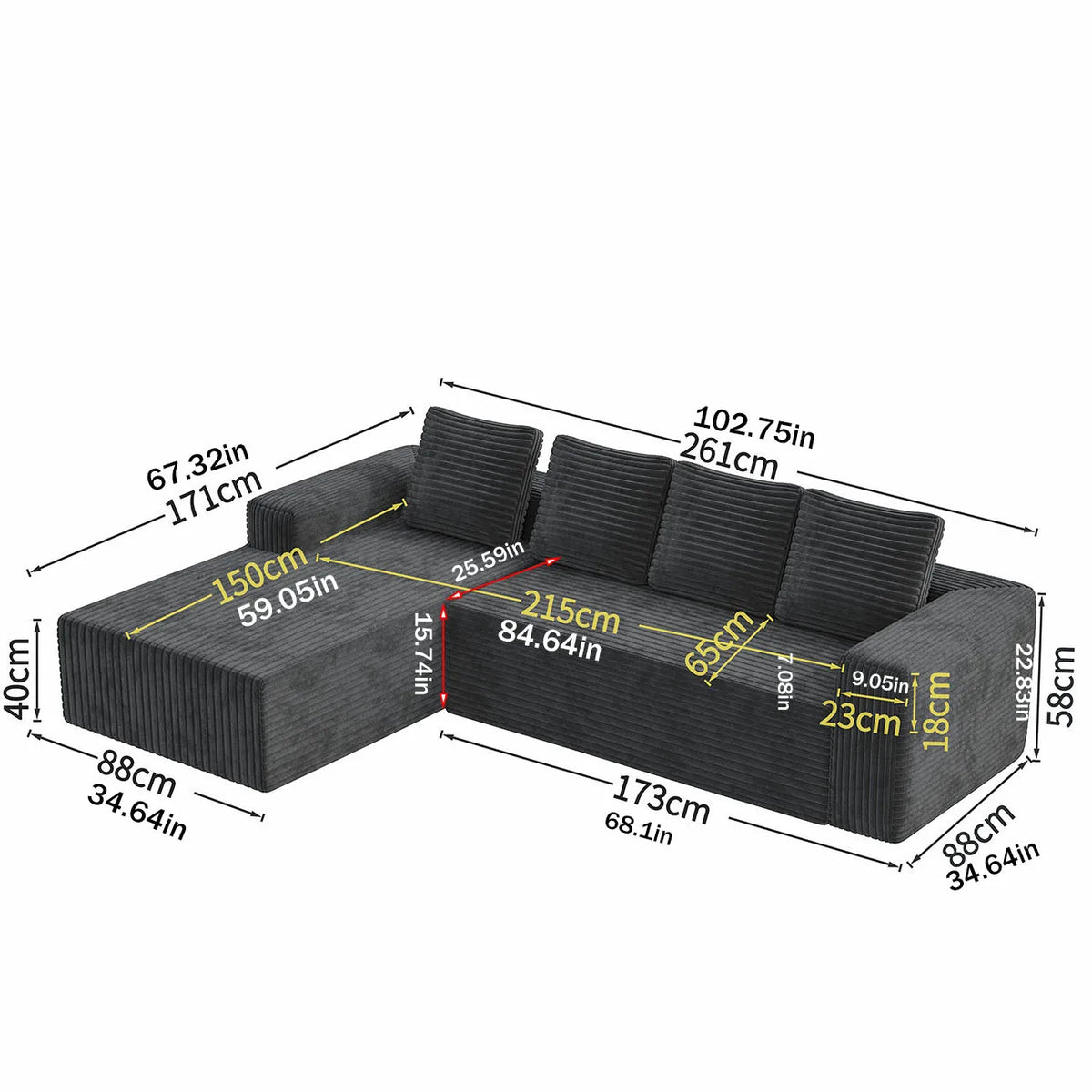 Modular Sofa Chaise Longue Soft Corduroy Fabric High-Density