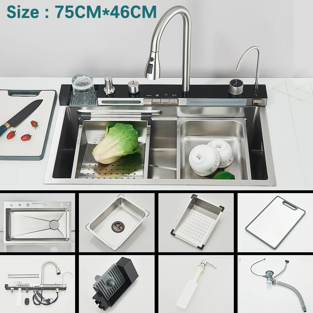 304 Stainless Steel Waterfall Sink Digital Display Large