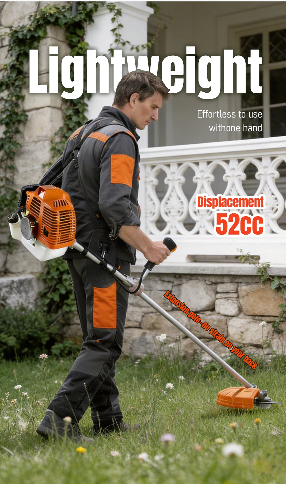 Stroke Gas Brush Cutter 7500rpm 52cc Grass Trimmer