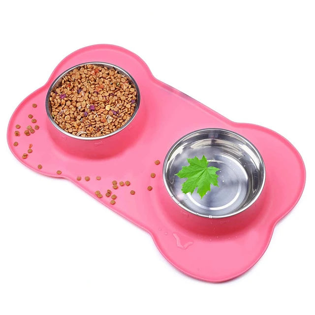Antislip Double Dog Bowl Silicone Mat Durable Stainless