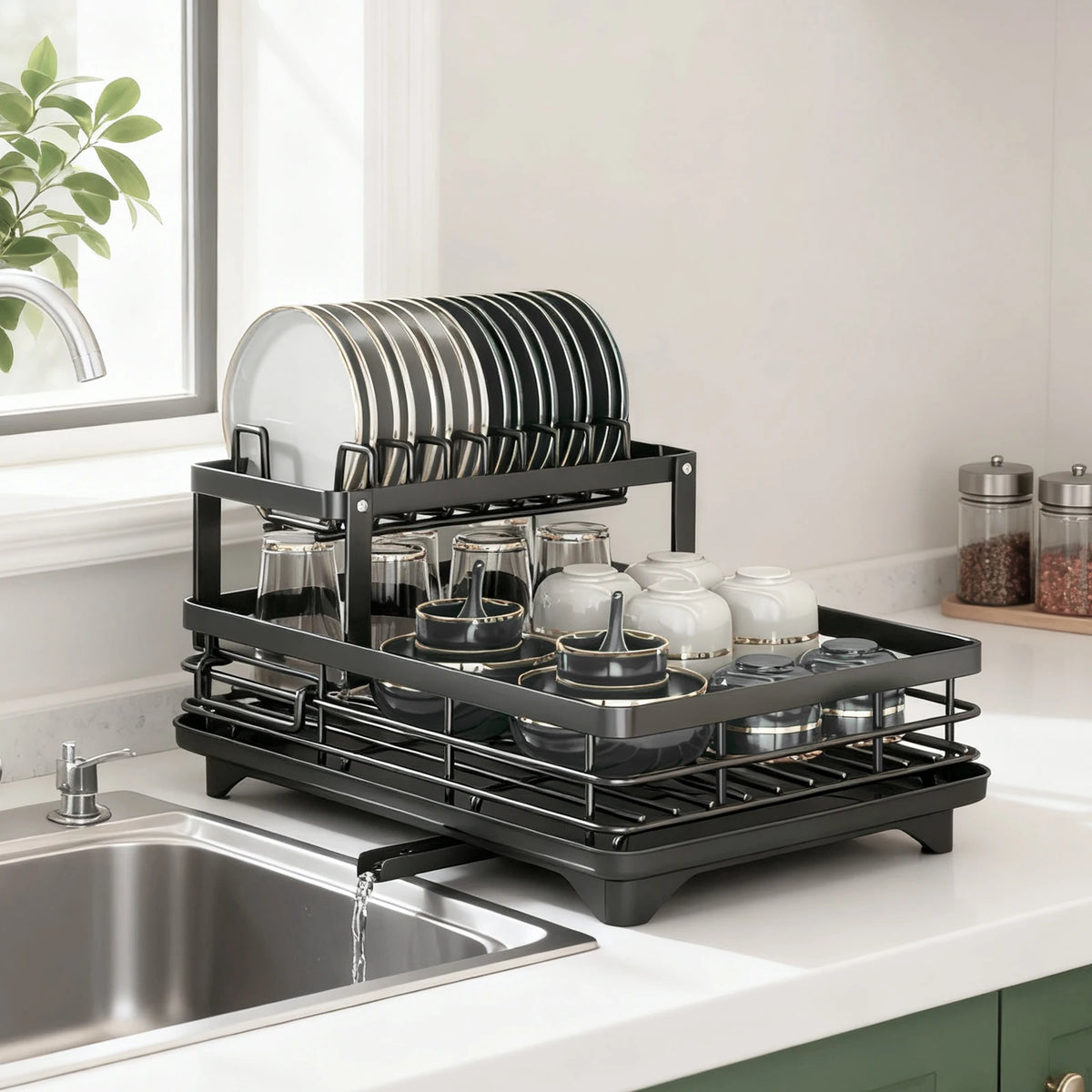 2-Layer Dish Drain Rack Is Suitable Countertop Metal