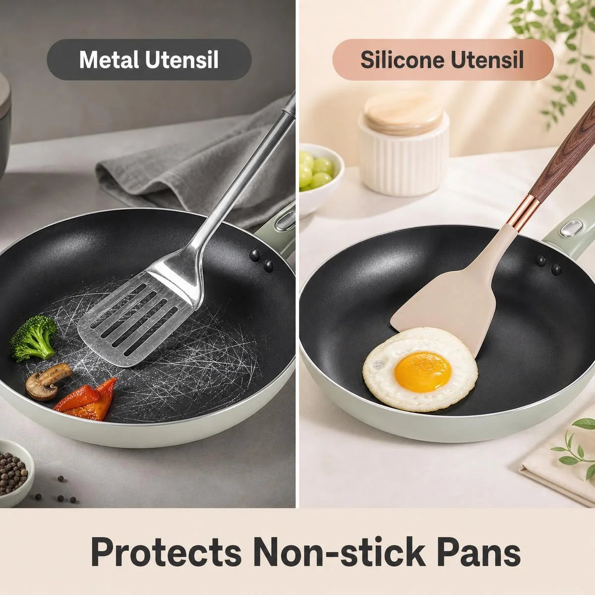 Wood Grain Handle Silicone Utensil Food Grade Non-Stick