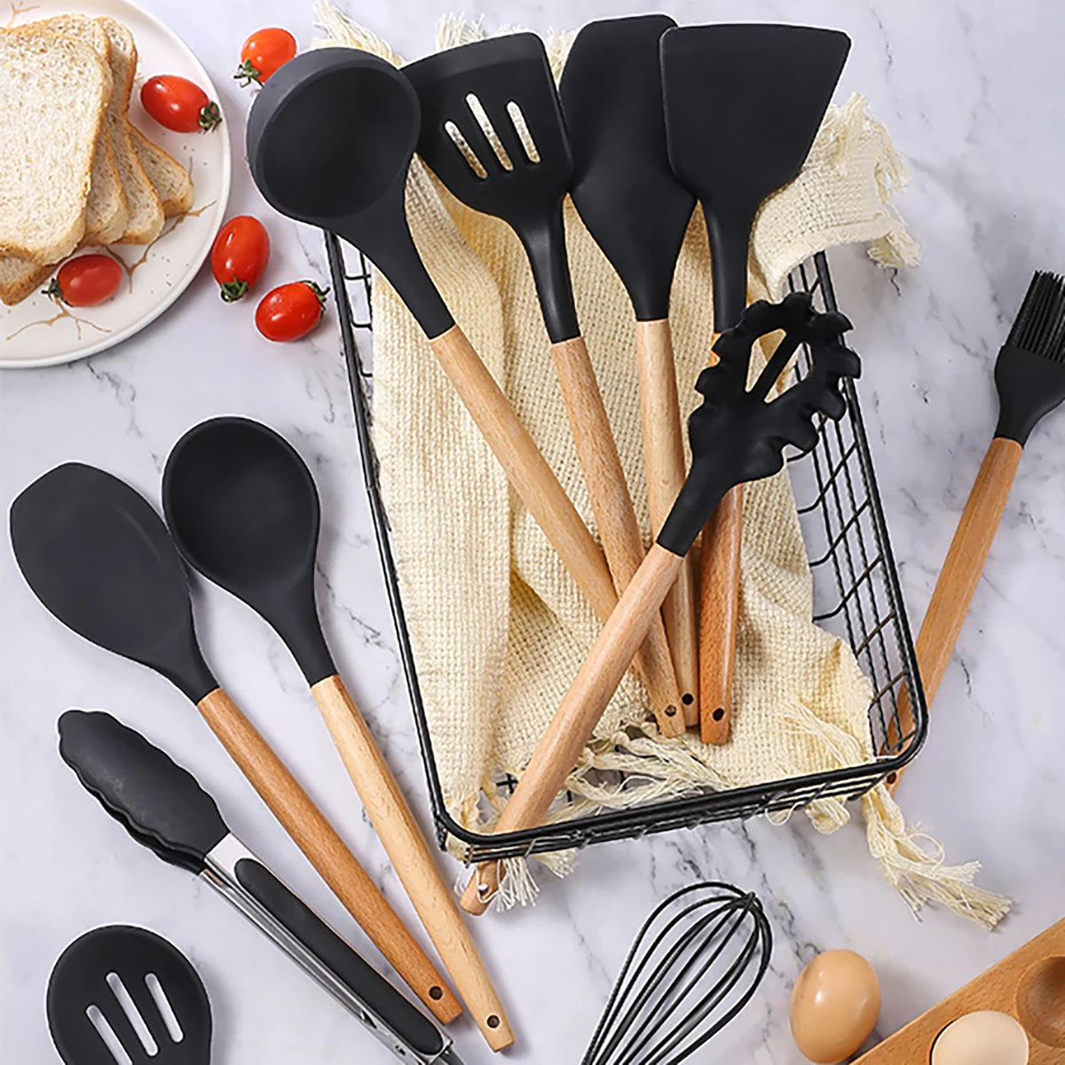 12pcs Silicone Cooking Utensils Non-Stick Cookware Black Cuisine