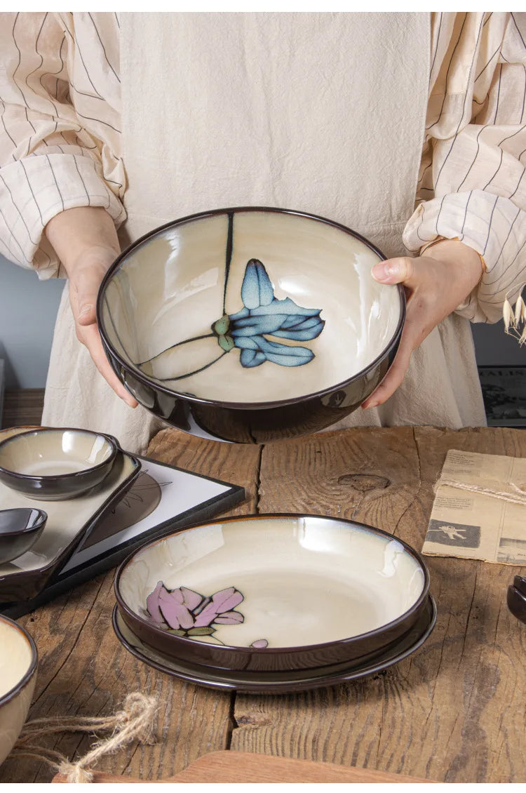 Ceramic Hand-Painted Flowers Creative Dish Plate Japanese
