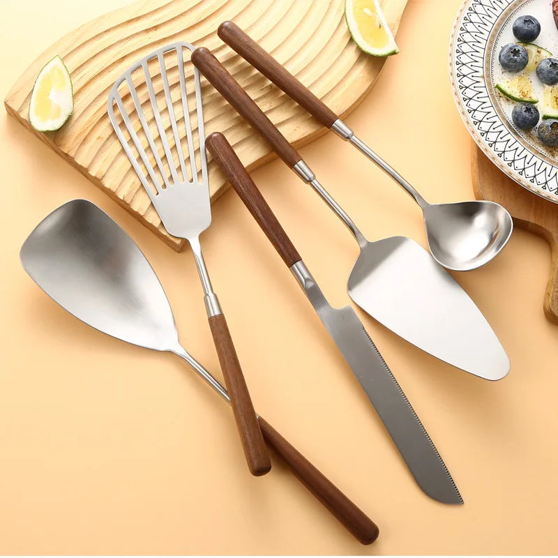 5pcs 304 Stainless Steel Nature Wood Kitchenware Cooking