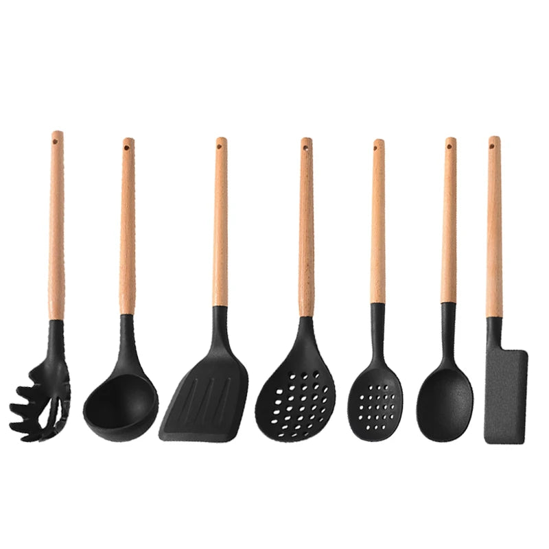 White Silicone Wooden Handle Soup Spoon Spatula Brush