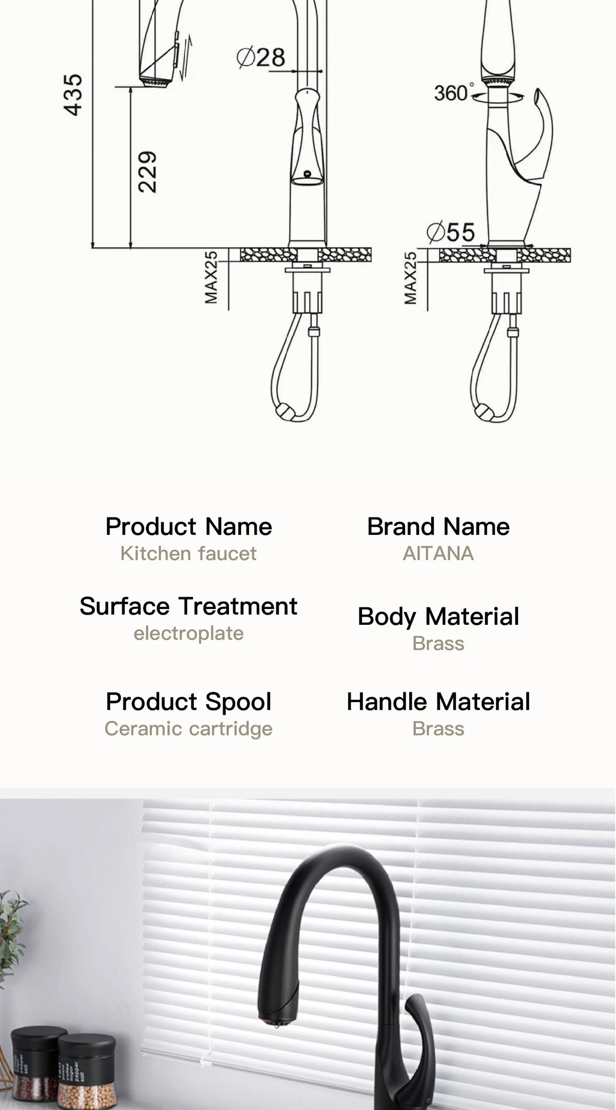 High End Touch Black Faucet Brass Pull Out