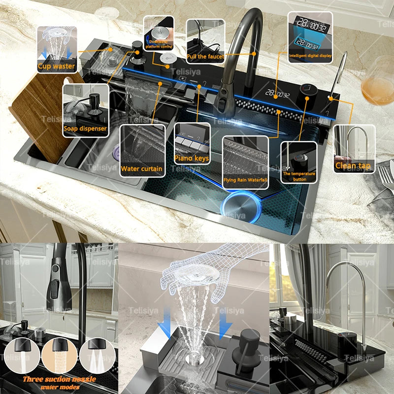 Stainless Steel Sink Digital Display Waterfall Large Slot