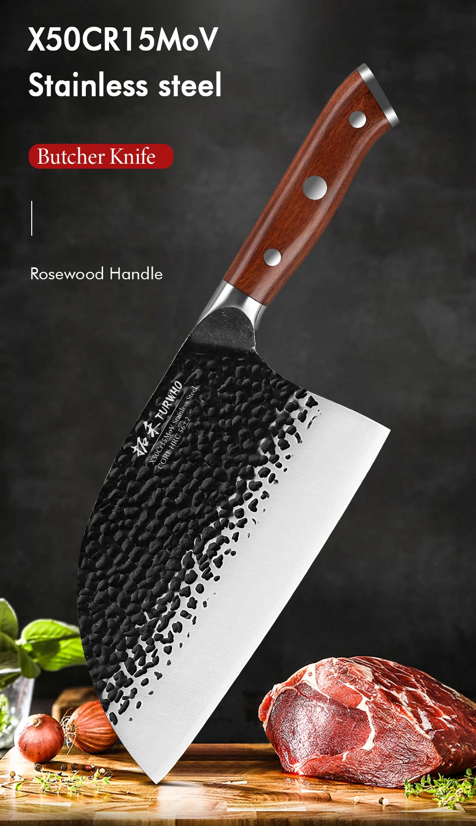 Turwho Japanese Hand Forged Butcher Knife X50cr15mov Stainless
