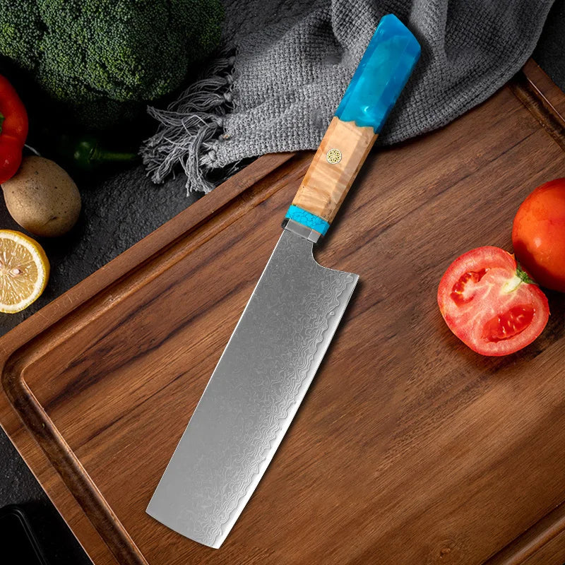 Vg10 Damascus Steel Chef Knife Blue Resin Wood