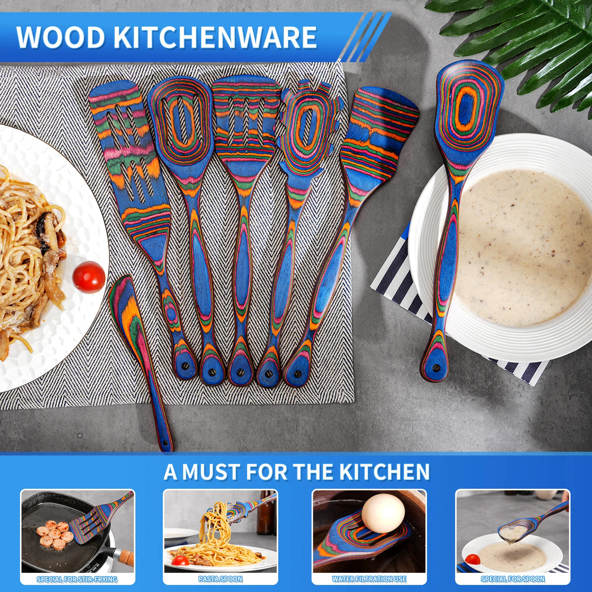 7pcs Blue Pakkawood Wooden Cooking Utensils Wooden Spoons