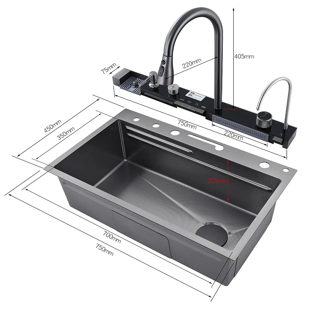 304 Stainless Steel Waterfall Sink Large Slot Integrated