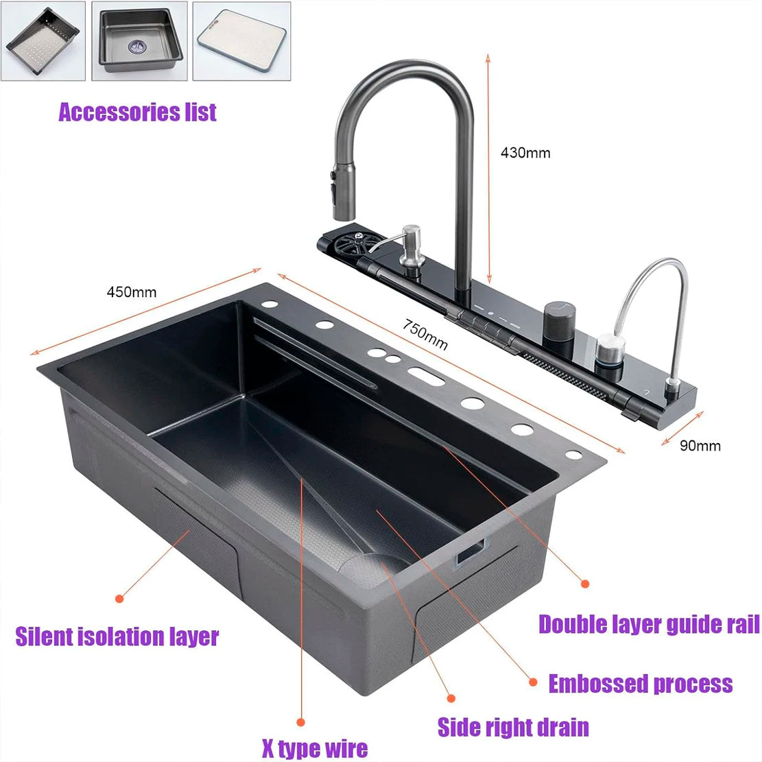 Stainless Steel Waterfall Sink Digital Display Large Sink