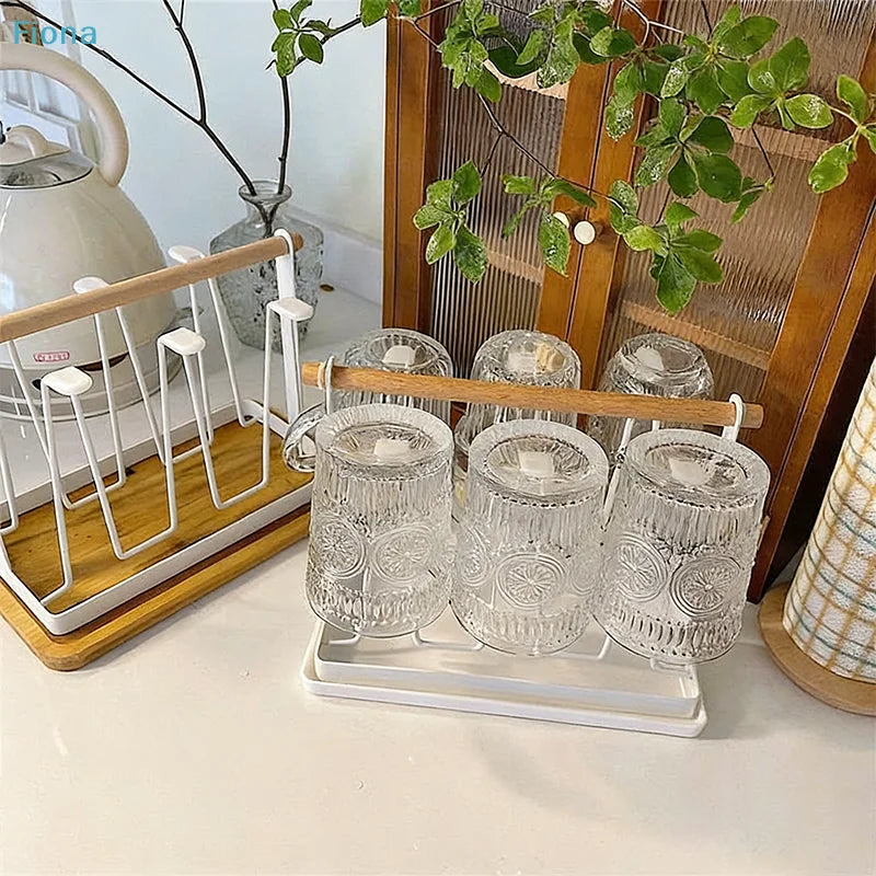 6-Cup Glass Cup Drying Rack Wooden Handle Countertop