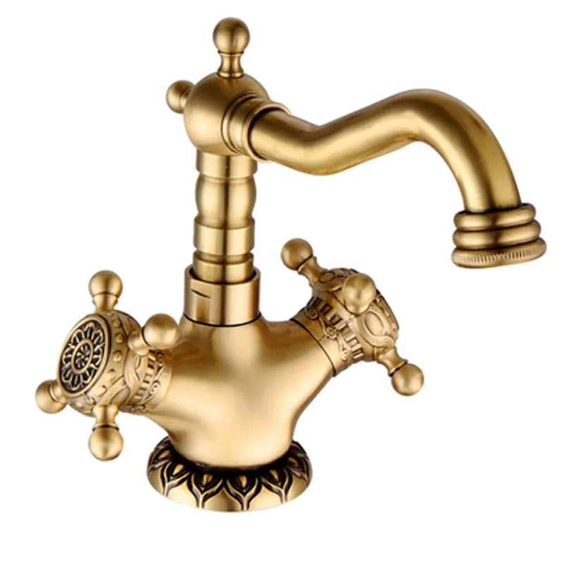 Tuqiu Antique Brass Bathroom Faucet Carved Deck Mounted