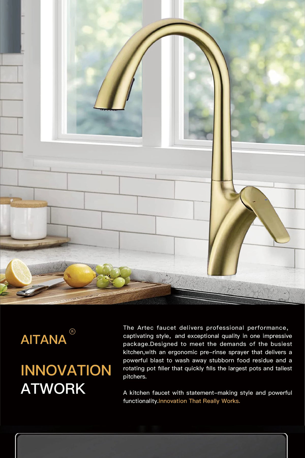 Luxury Brushed Gold Brass Faucet Pull-Out Design 2-Function