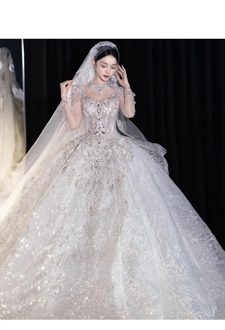 Full Sleeve Wedding Dresses Shinny Wedding Dress Classic