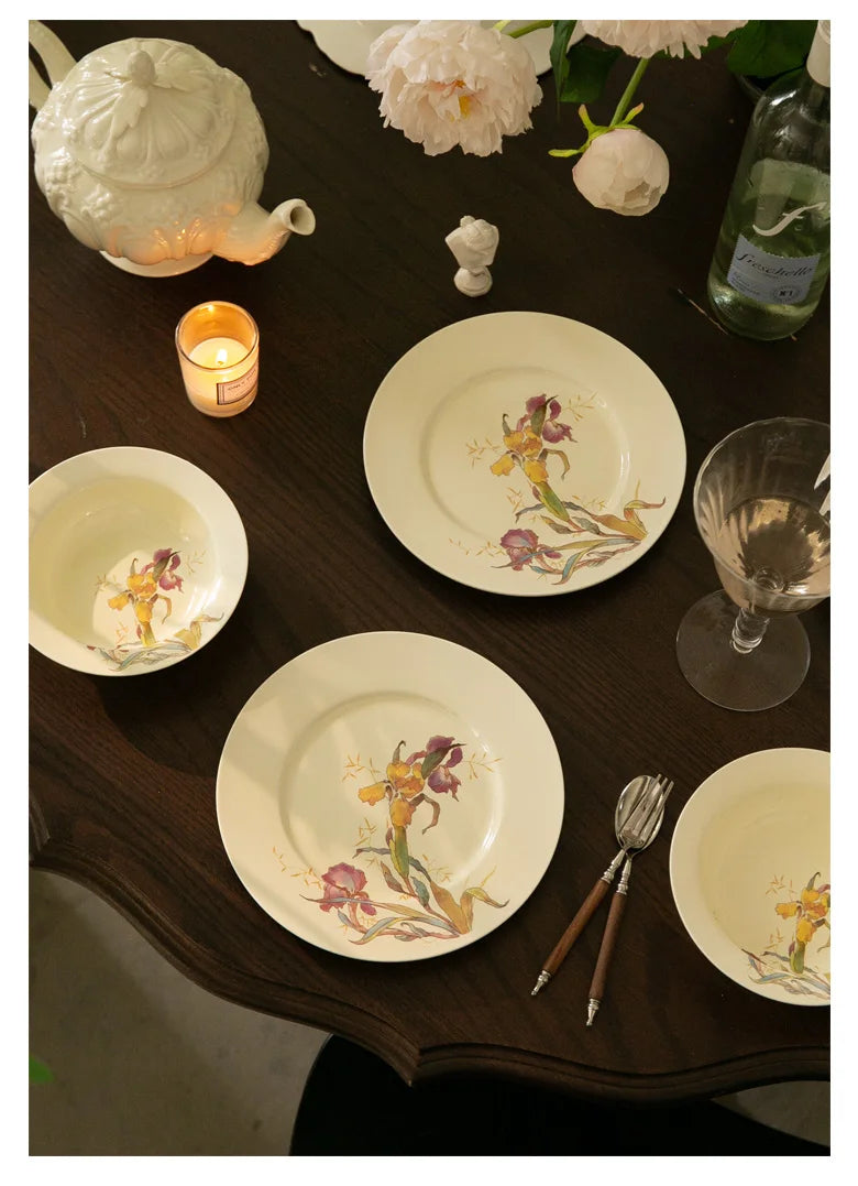Ceramic Dinner Plate French Iris Dessert Bowl Dishes