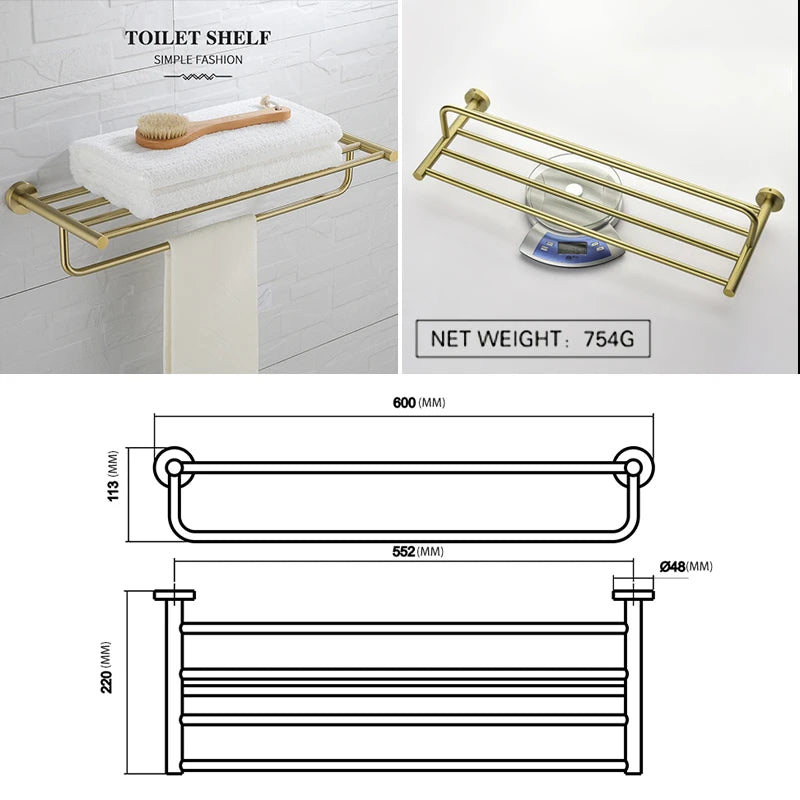 Brushed Gold Bathroom Towel Rack Toilet Brush Roll
