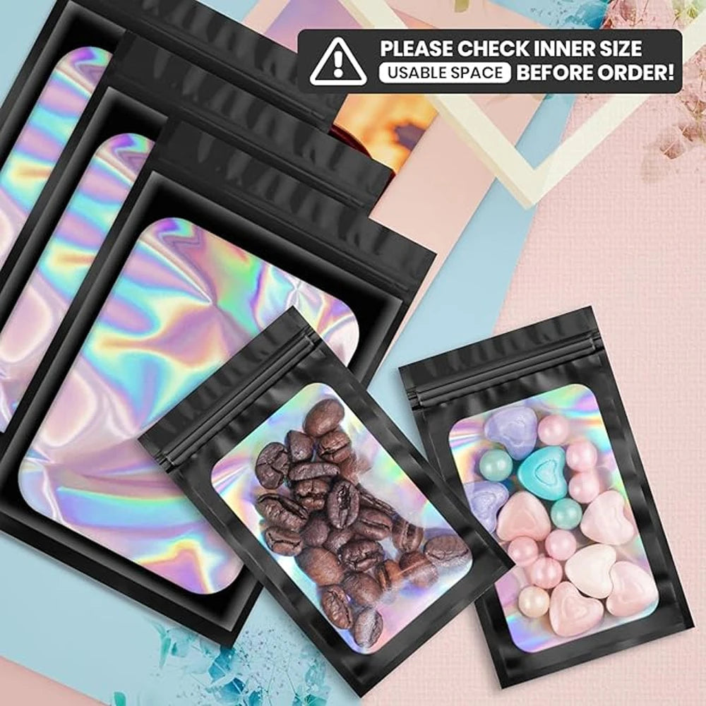 1000/10pcs Holographic Ziplock Bags Plastic Laser Iridescent Zip