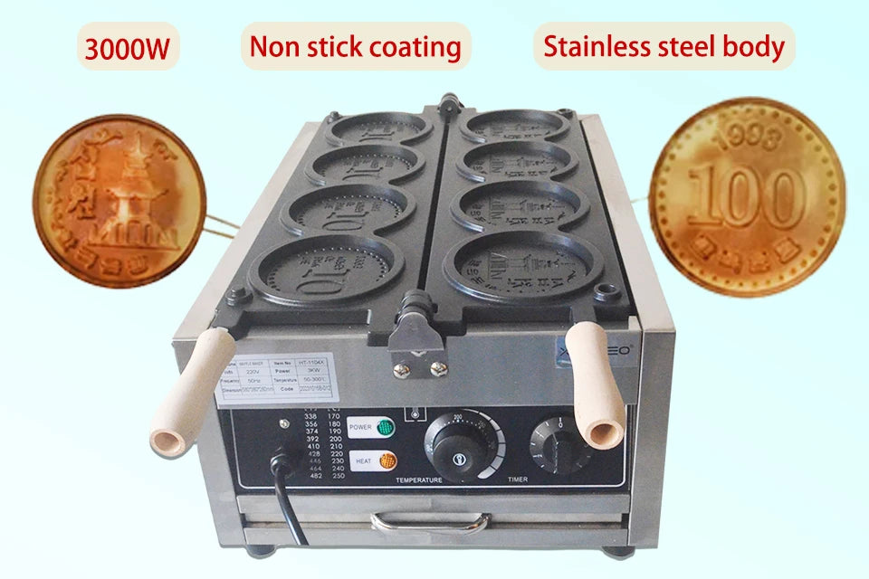 Xeoleo Commerical 4pcs Korean Coin Waffle Maker 3000w