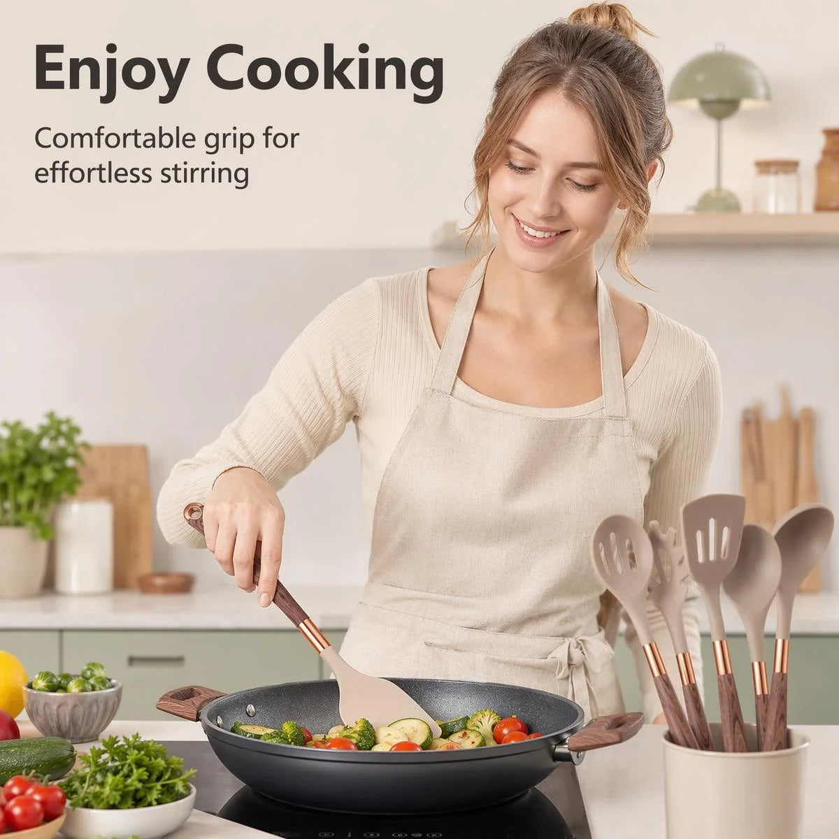 Wood Grain Handle Silicone Utensil Food Grade Non-Stick
