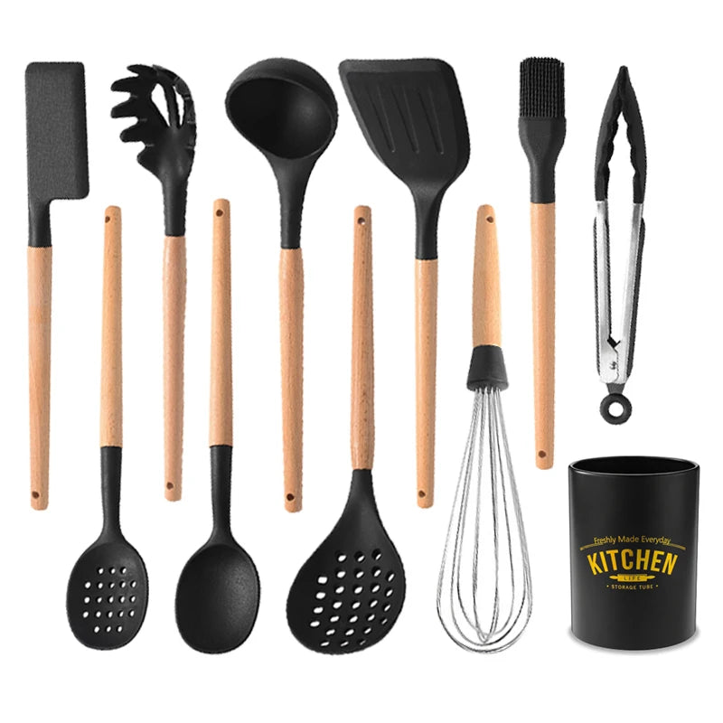 White Silicone Wooden Handle Soup Spoon Spatula Brush